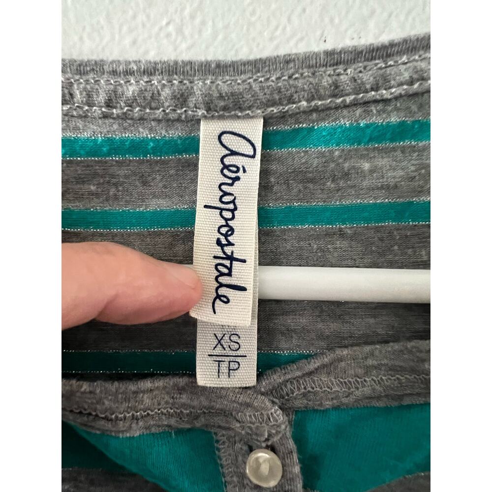 Aeropostale Top Women's XS Teal Gray Striped Henley Teen Preppy Y2K Long Sleeve - Picture 2 of 4